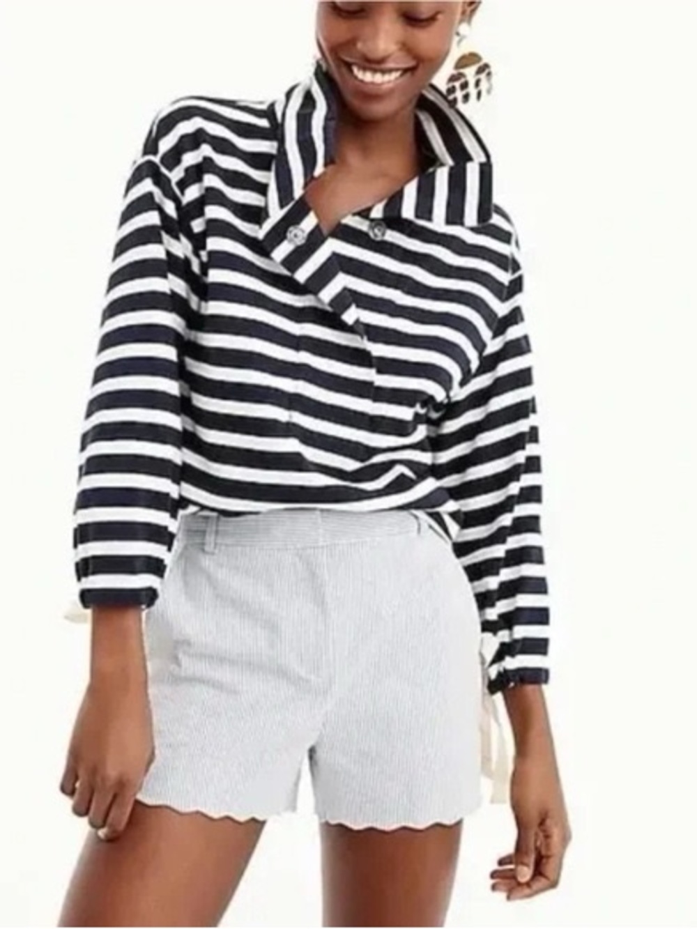 J. Crew Navy & White Striped Funnel Collar Sweatshirt with Sleeve Bows - Picture 3 of 9